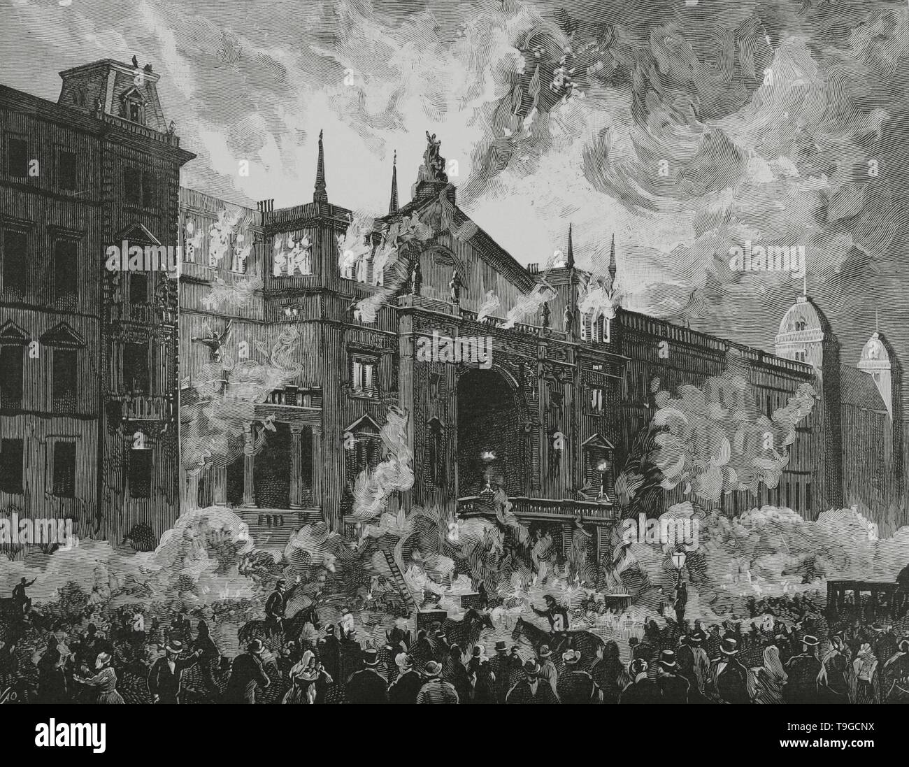 Austria. Viena. Incendio del 'Ringtheater', el 8 de diciembre, en el imperio Austrohúngaro. Exterior del edificio a las nueve de la noche. Grabado por Rico. La Ilustración Española y Americana, 30 de diciembre de 1881. Stock Photo