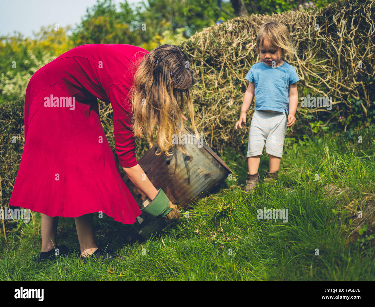 A little toddler is helping his mother weed the garden Stock Photo - Alamy