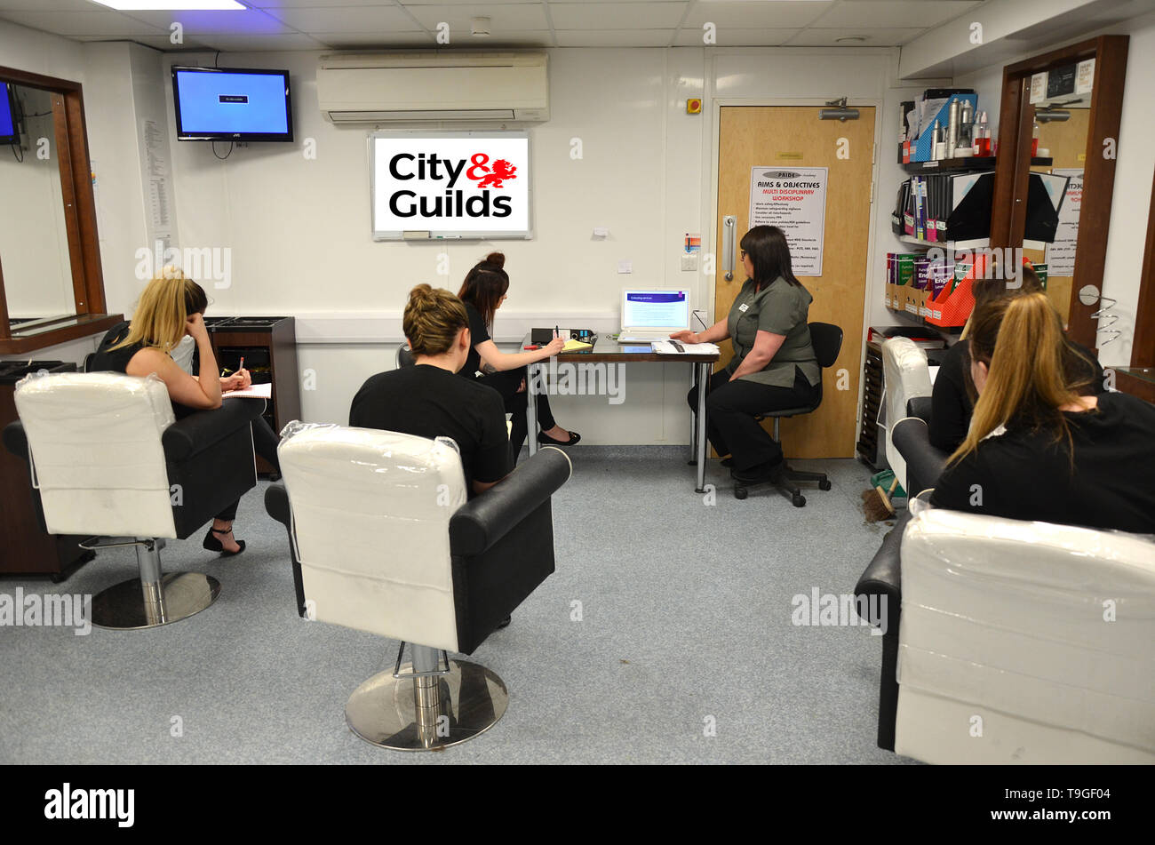 further education, city guilds qualification standard, professional Hair Stylist Stock Photo