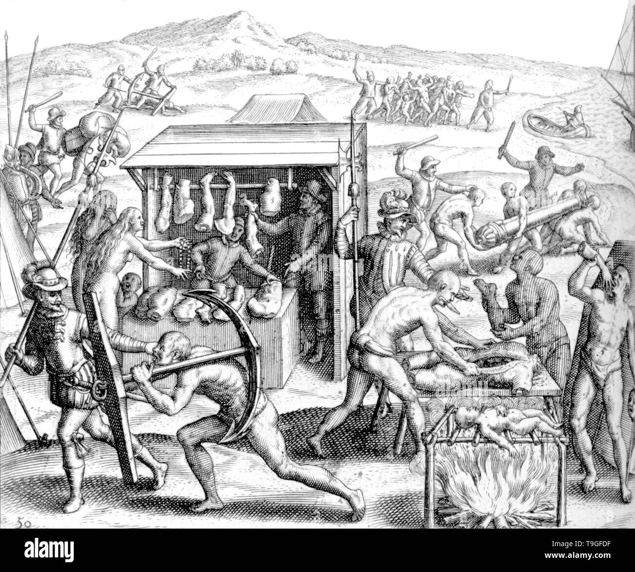Grabado de Theodor de Bry. Españoles descuartizanos indígenas. Biblioteca Virtual Miguel de Cervantes. Stock Photo