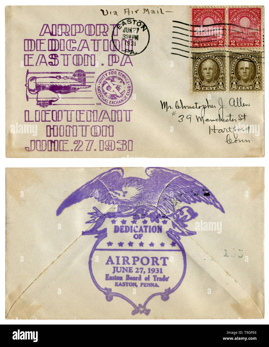 Easton, Pennsylvania, The USA  - 27 June 1931: US historical envelope: cover with cachet Airport dedication, Lieutenant Hinton, sport aircraft Stock Photo