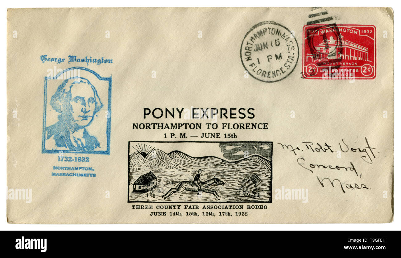 Northampton, Massachusetts, The USA  - 15 June 1932: US historical envelope: cover with cachet Pony Express to Florence, red Imprinted postage stamp Stock Photo