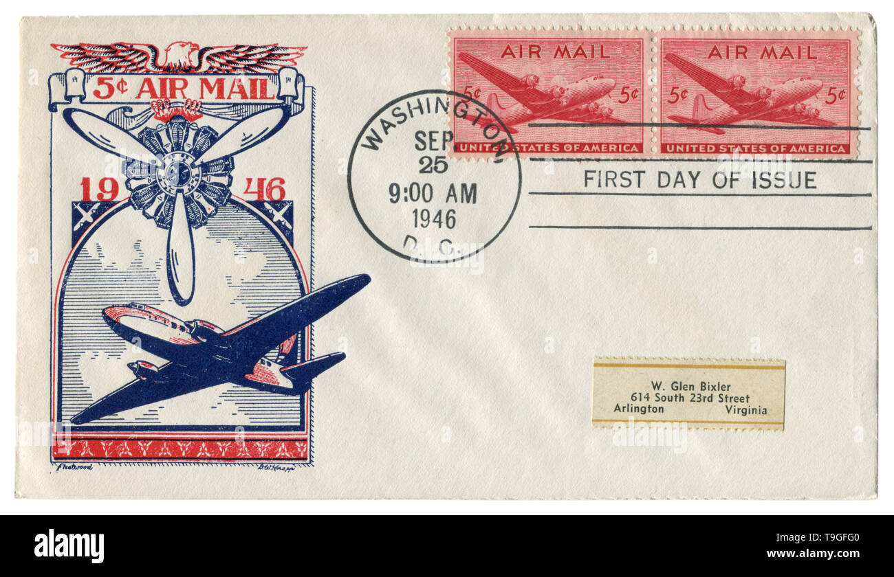 Washington D.C., The USA  - 25 September 1946: US historical envelope: cover with cachet Air mail, cargo and passenger aircraft, propeller, red stamp Stock Photo