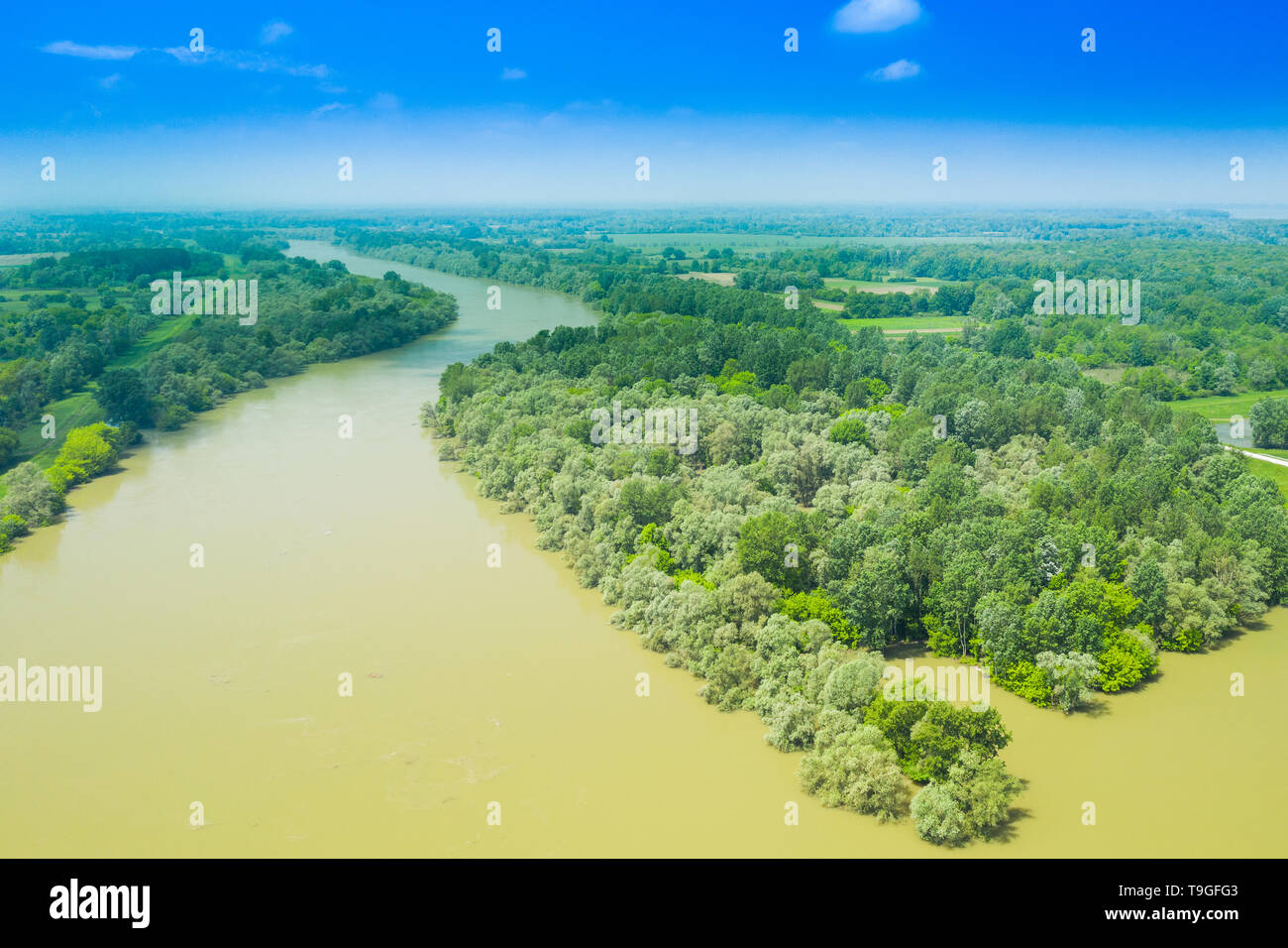 Sava river from air, landscape in nature park Lonjsko polje, Croatia, panoramic view of woods and river floods Stock Photo