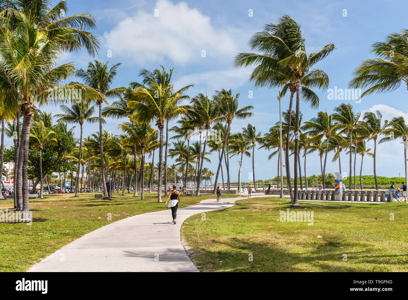 Miami, FL, USA - April 19, 2019: Lummus Park at the historical Art Deco District of Miami South Beach with hotels, cafe and restaurants on Ocean Drive Stock Photo