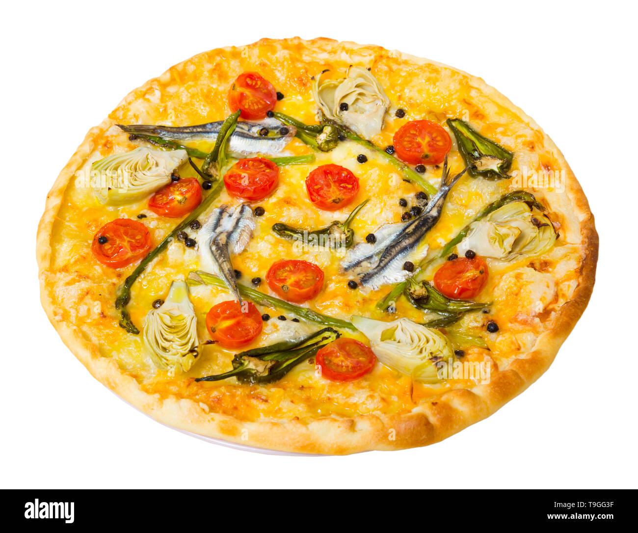 Delicious pizza with anchovies, artichokes, cheese and sundried