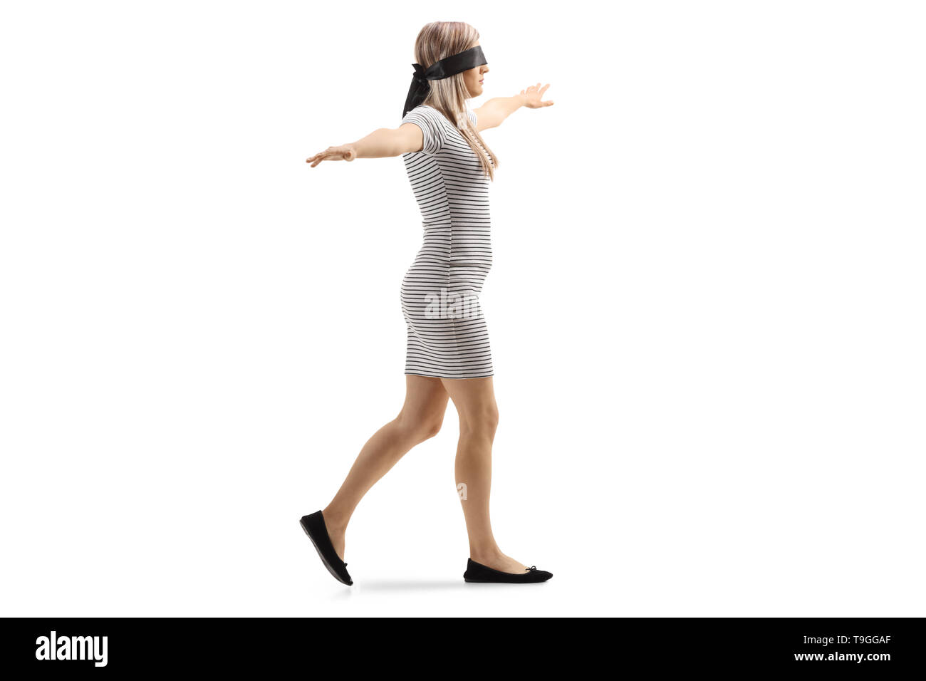 Young Woman Wearing Black Blindfold Isolated On Grey Stock Photo