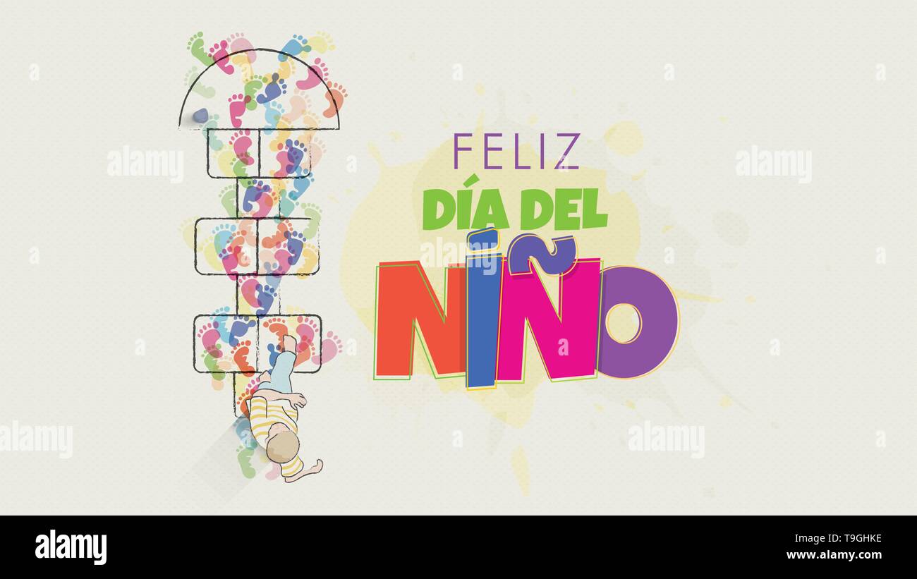 Feliz Dia del Nino greeting card - Happy Children's Day in Spanish language. Child's drawing seen from above starting to jump the game of hopscotch Stock Vector