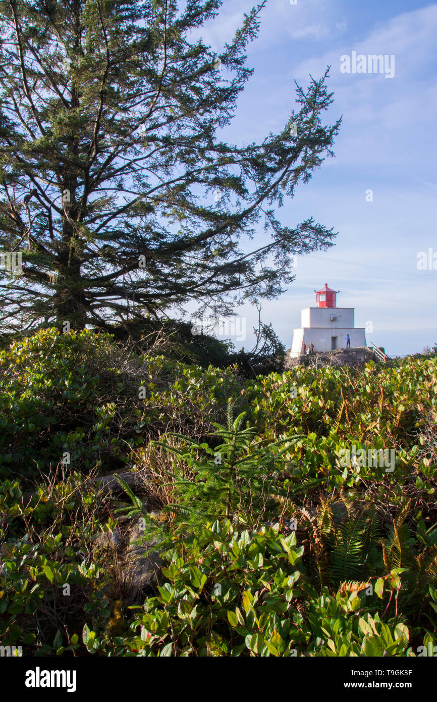 Amphitrite Point Lighthouse is an active lighthouse near Uclulelet on the west coast of Vancouver Island in British Columbia, Canada Stock Photo