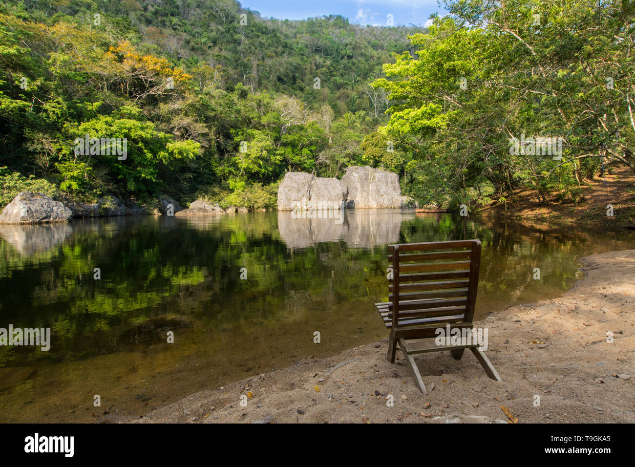 Lounge chair on the Macal River, Black Rock Lodge,  San Ignacio, Cayo District, Belize Stock Photo