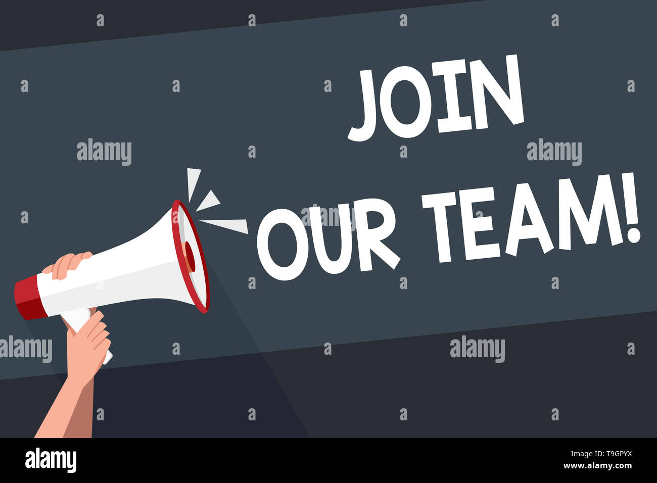 Word writing text Join Our Team. Business photo showcasing inviting someone into your local group or company Human Hand Holding Tightly a Megaphone wi Stock Photo