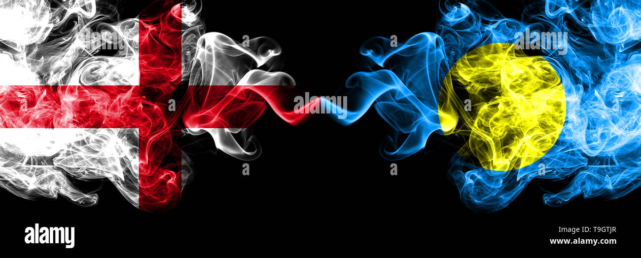English Vs Palau Palaulan Smoky Mystic Flags Placed Side By Side Thick Colored Silky Smokes Flag Of England And Palau Palaulan Stock Photo Alamy