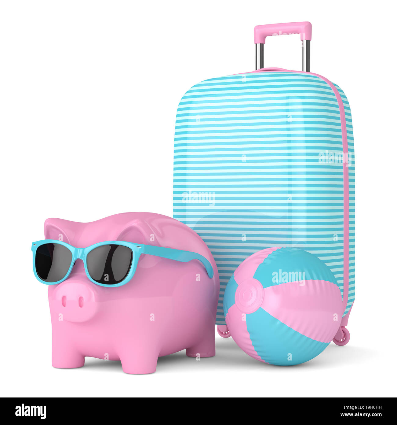 3d render of piggy bank with suitcase and beach ball over white ...