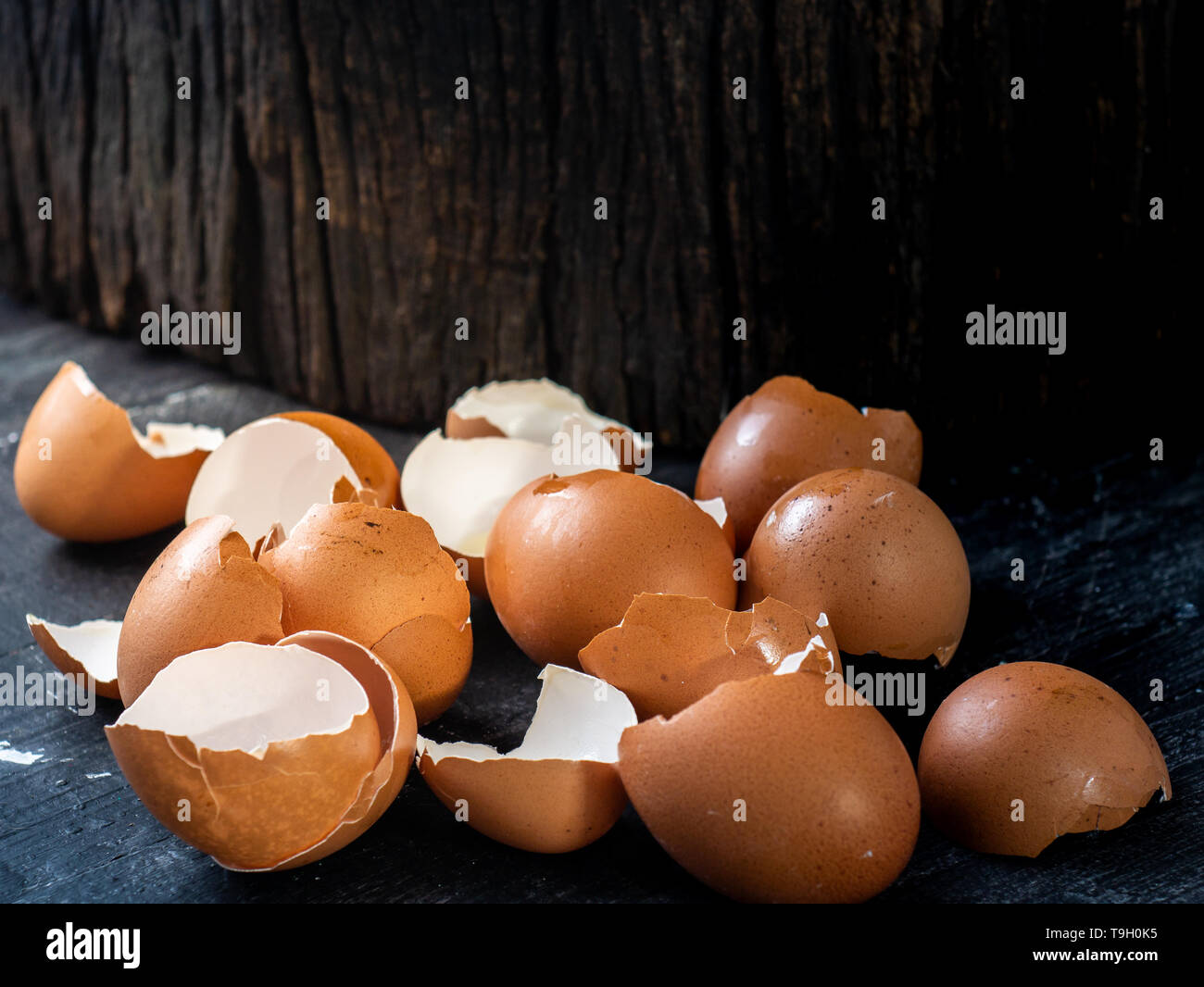 Egg shells on dark wooden plank and log with empty space. Stock Photo