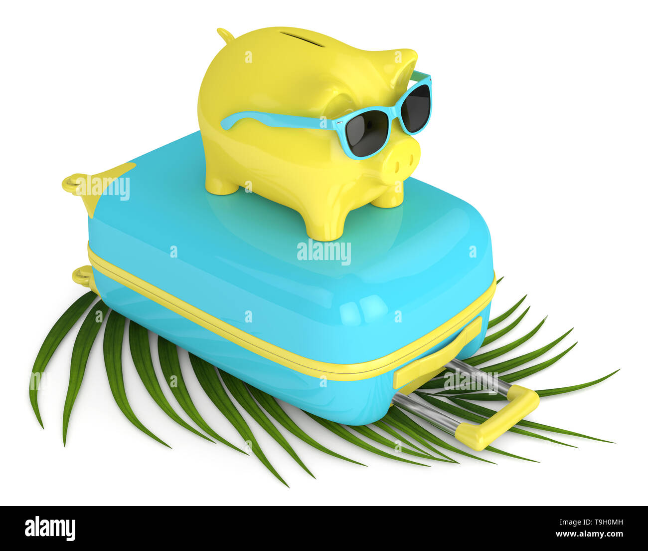 3d render of piggy bank with suitcase and beach ball over white ...