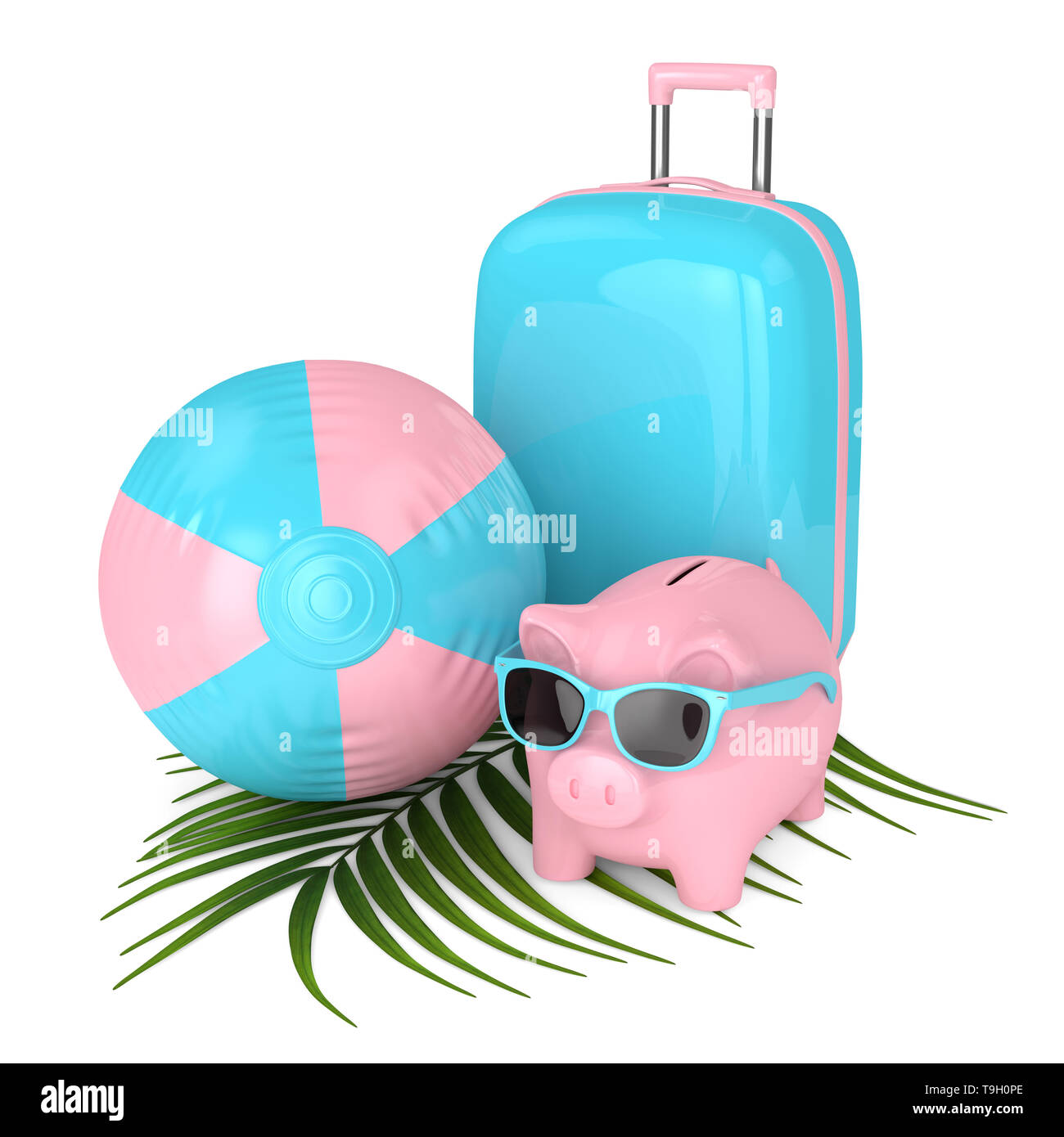 3d render of piggy bank with suitcase and beach ball over white ...