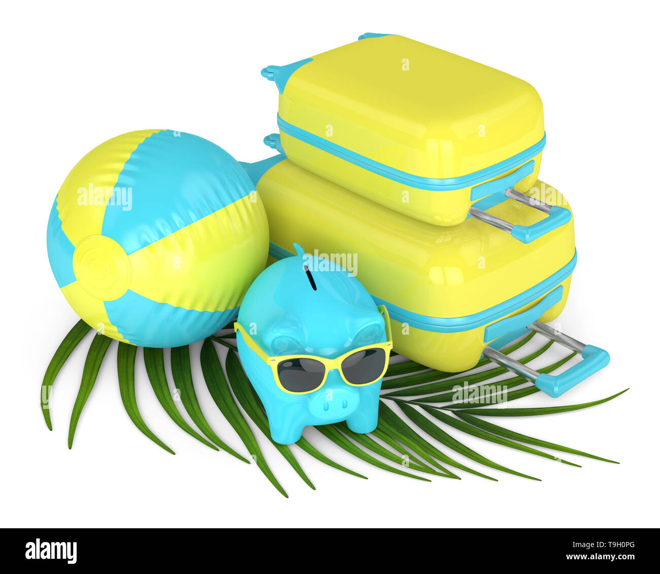 3d render of piggy bank with suitcase and beach ball over white ...