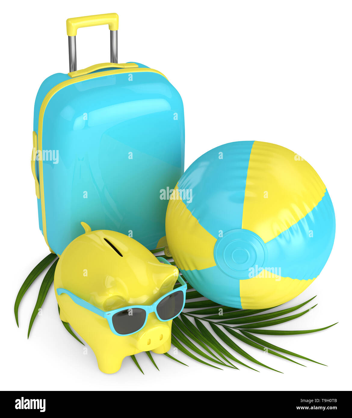 3d render of piggy bank with suitcase and beach ball over white ...