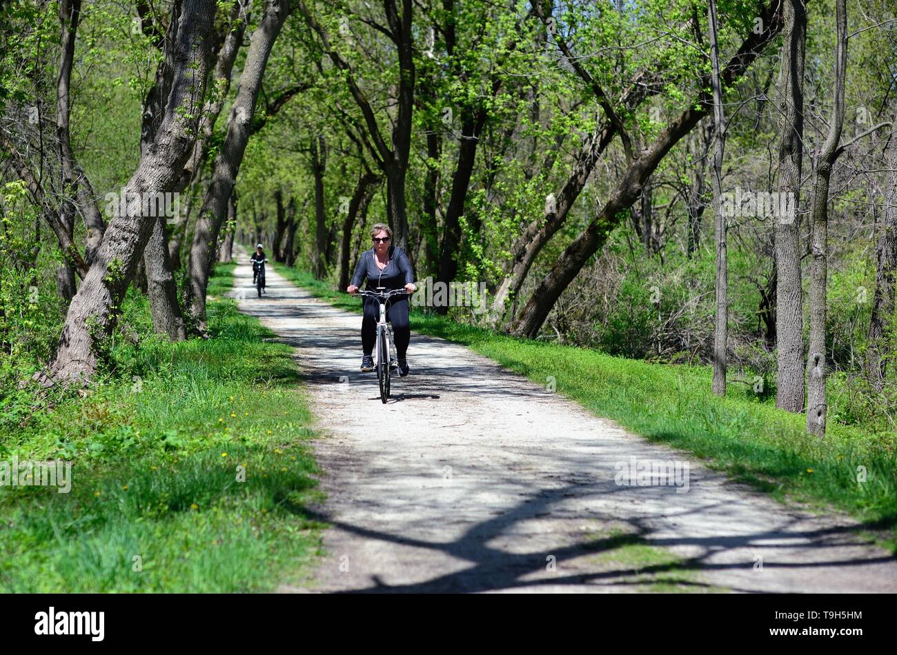 Wayne, Illinois, USA. People enjoying a bike ride on a rural path within a forest preserve. Stock Photo