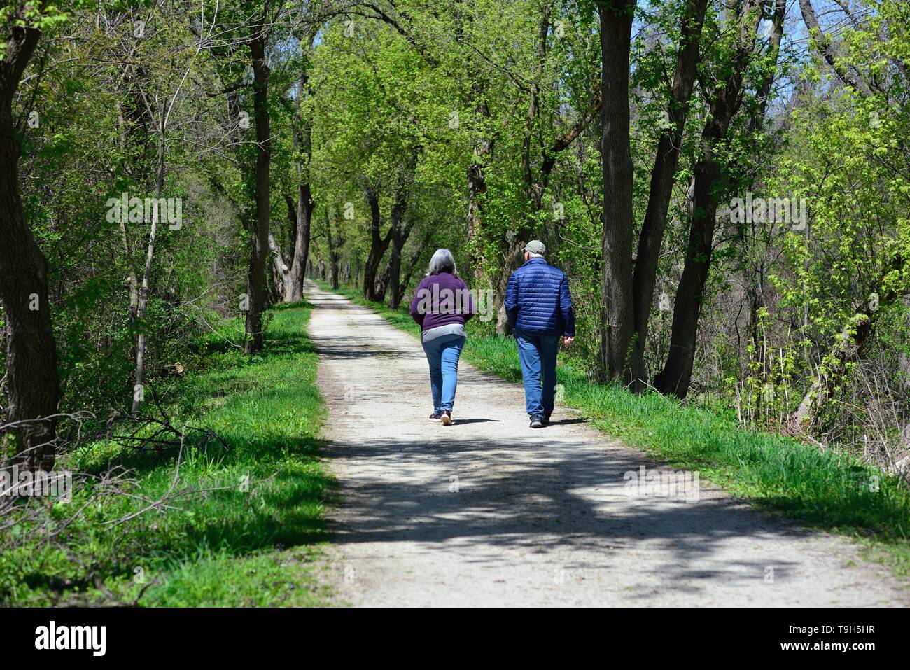 Wayne, Illinois, USA. Senior couple enjoying a leisurely walk on a rural path within a forest preserve. Stock Photo