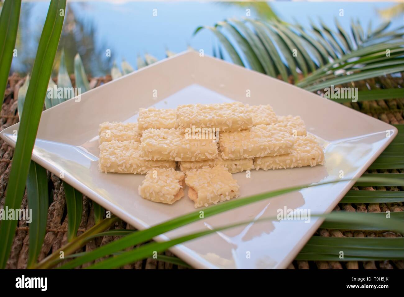 White chocolate biscuit with coconut on a plate, a delicious summer snack. Stock Photo
