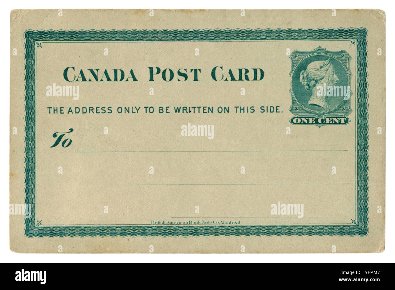 Hamilton, Ontario, Canada  - 25 February 1878: Blanked Canadian historical Post Card with green patterned frame, Imprinted One Cent Queen Victoria Stock Photo