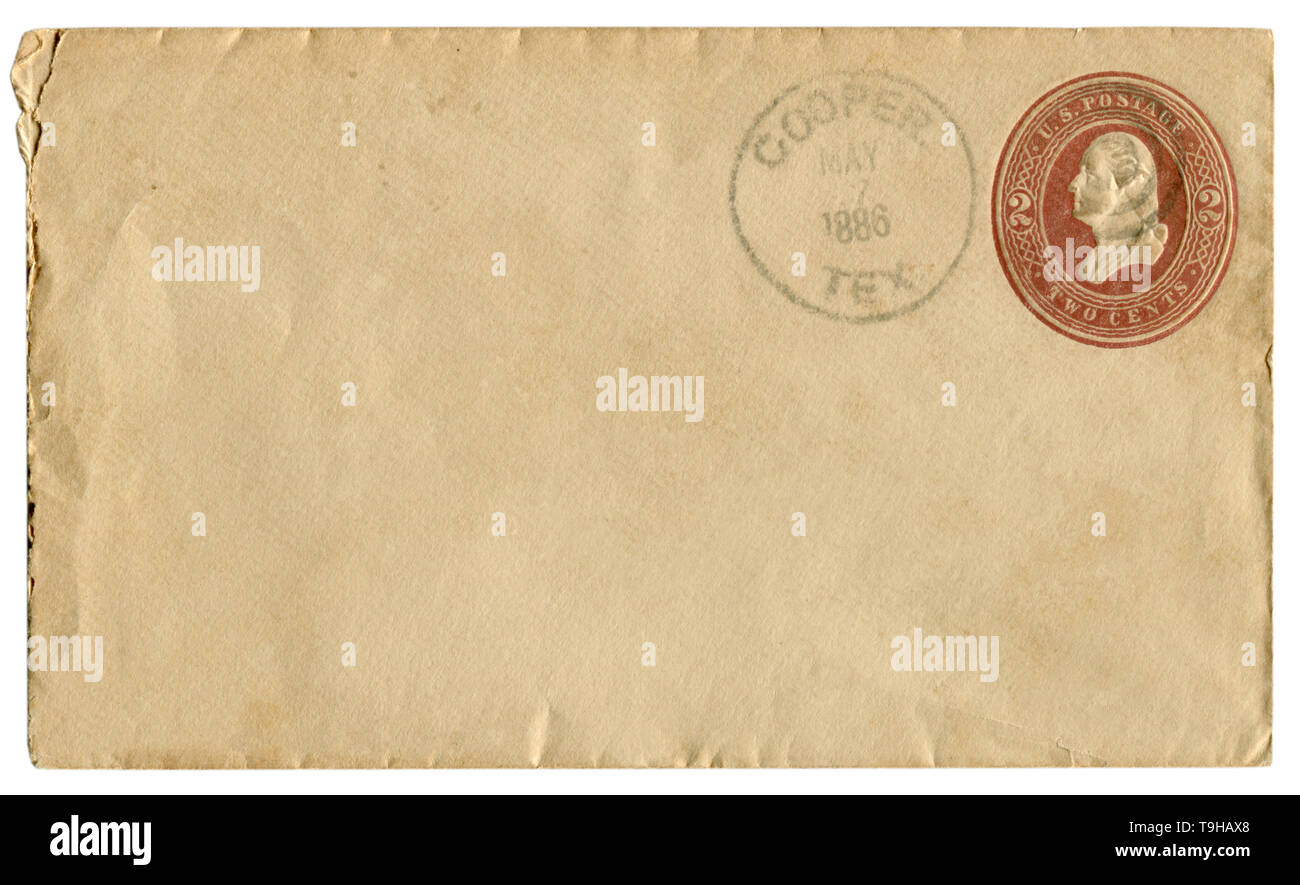 Cooper, Texas, The USA  - 7 May 1886: US historical envelope: cover with brown embossed imprinted stamp, two cents George Washington, Fancy cancel Stock Photo