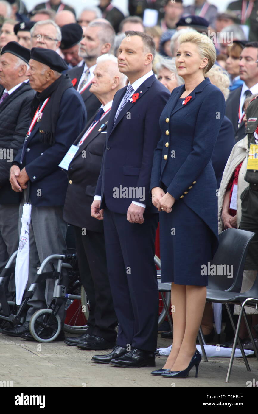 Cassino, Italy - May 18, 2019: Polish President Andrzej Duda and his wife participate in the cerminia for the 75th anniversary of the Battle of Montecassino in the Polish military cemetery Stock Photo