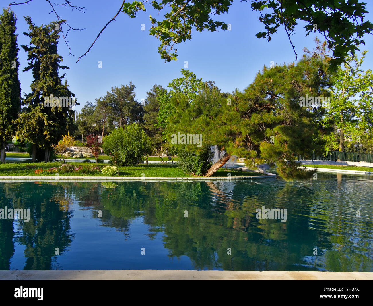 Lake inside a park. Small island in the lake and bridge leading to it