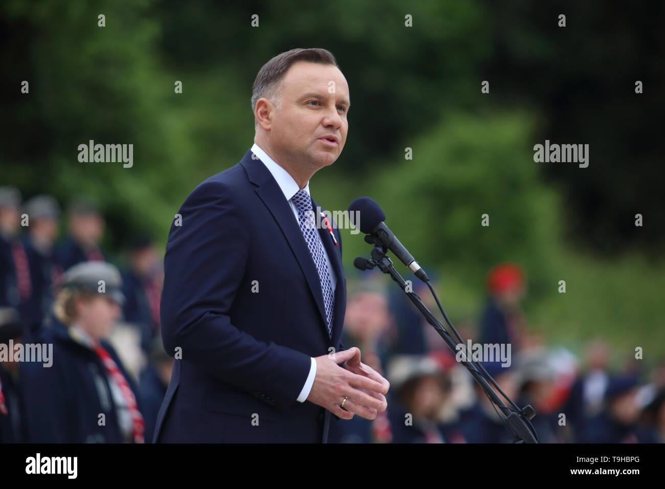 Cassino, Italy - May 18, 2019: The speech of the President of the Republic of Poland Andrzej Duda in the Polish military cemetery for the 75th anniversary of the Battle of Montecassino Stock Photo