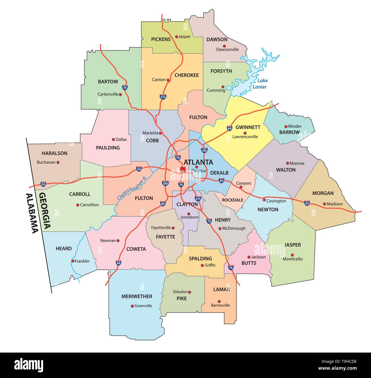 administrative and political road map of the Atlanta metropolitan area georgia Stock Vector