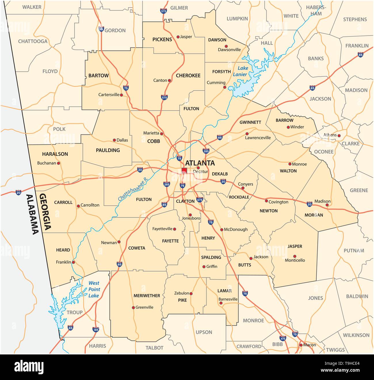 administrative and political road map of the Atlanta metropolitan area georgia Stock Vector