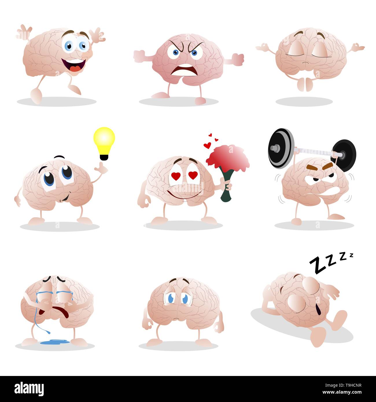 Set of cartoon brain emotion. Funny clip graphic characters. Illustration of brain crying and angry, meditation and thinking, sad and sleep, depressiv Stock Vector