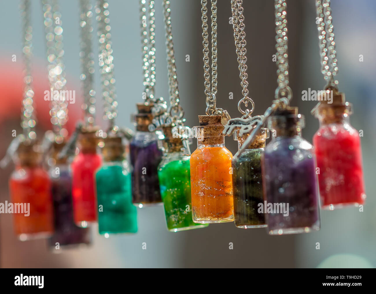 Decorative hanging bottles Stock Photo