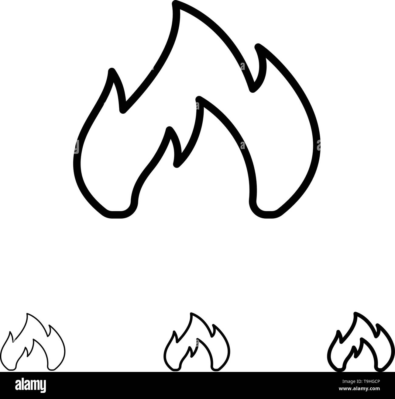 Fire, Heating, Fireplace, Spark Bold and thin black line icon set Stock Vector