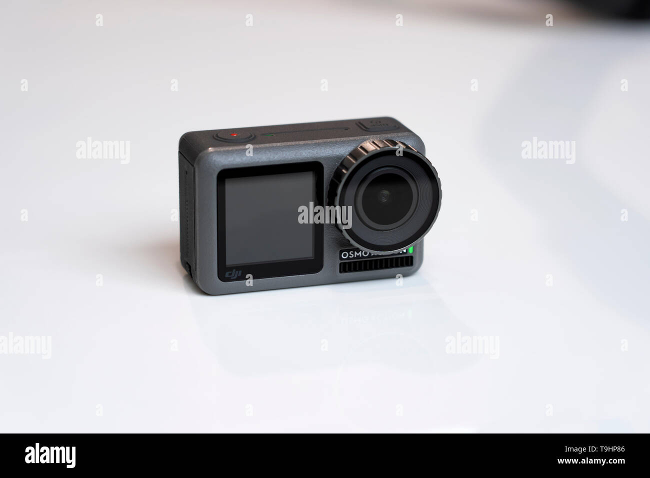 CHINA, SHANGHAI - MAY 18, 2019. CLOSEUP VIEW OF DJI OSMO ACTION AND WHITE BACKGROUND. Stock Photo