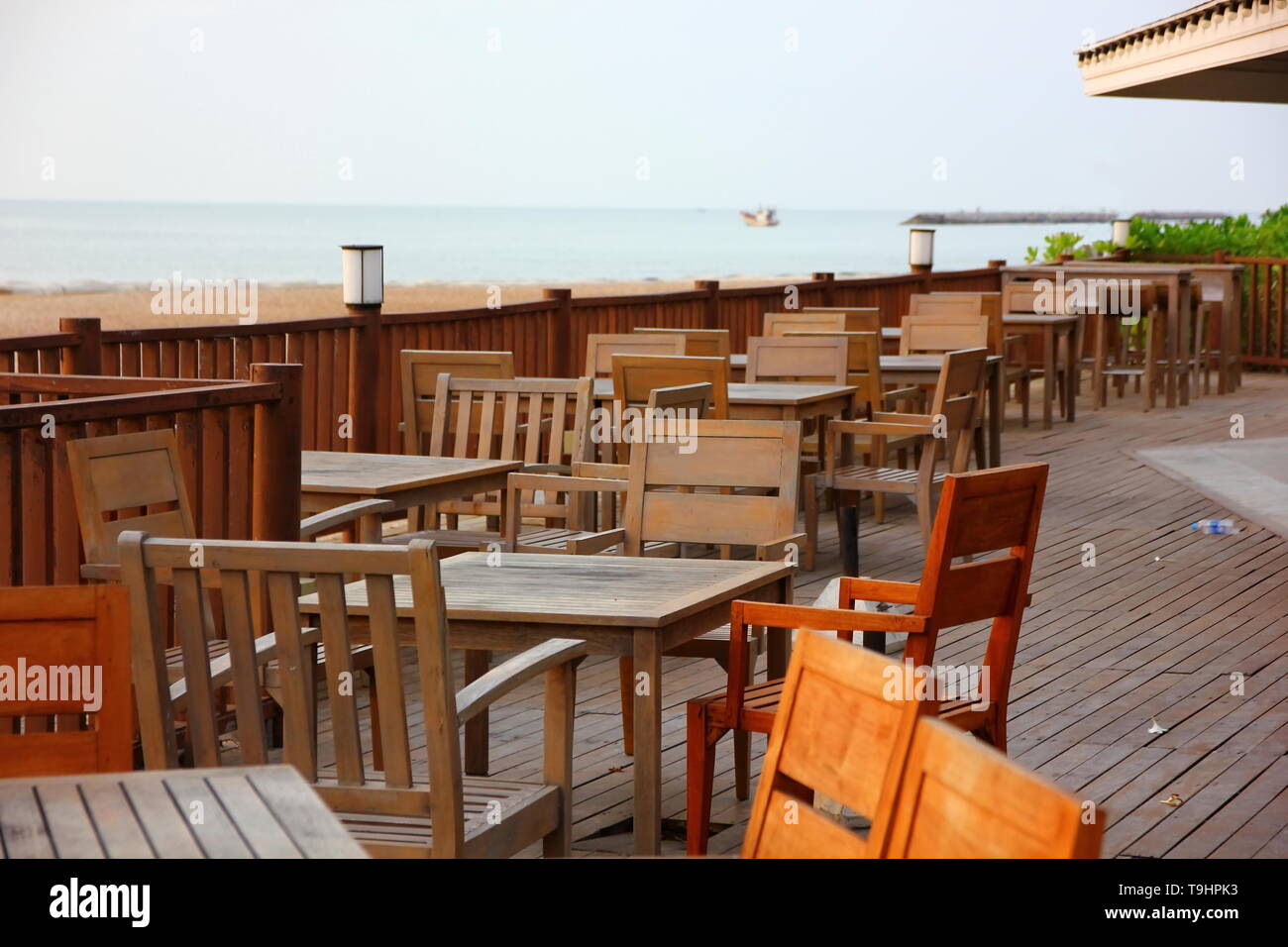Wood Terrace With Wooden Table And Desk On Beach At Sea View Point