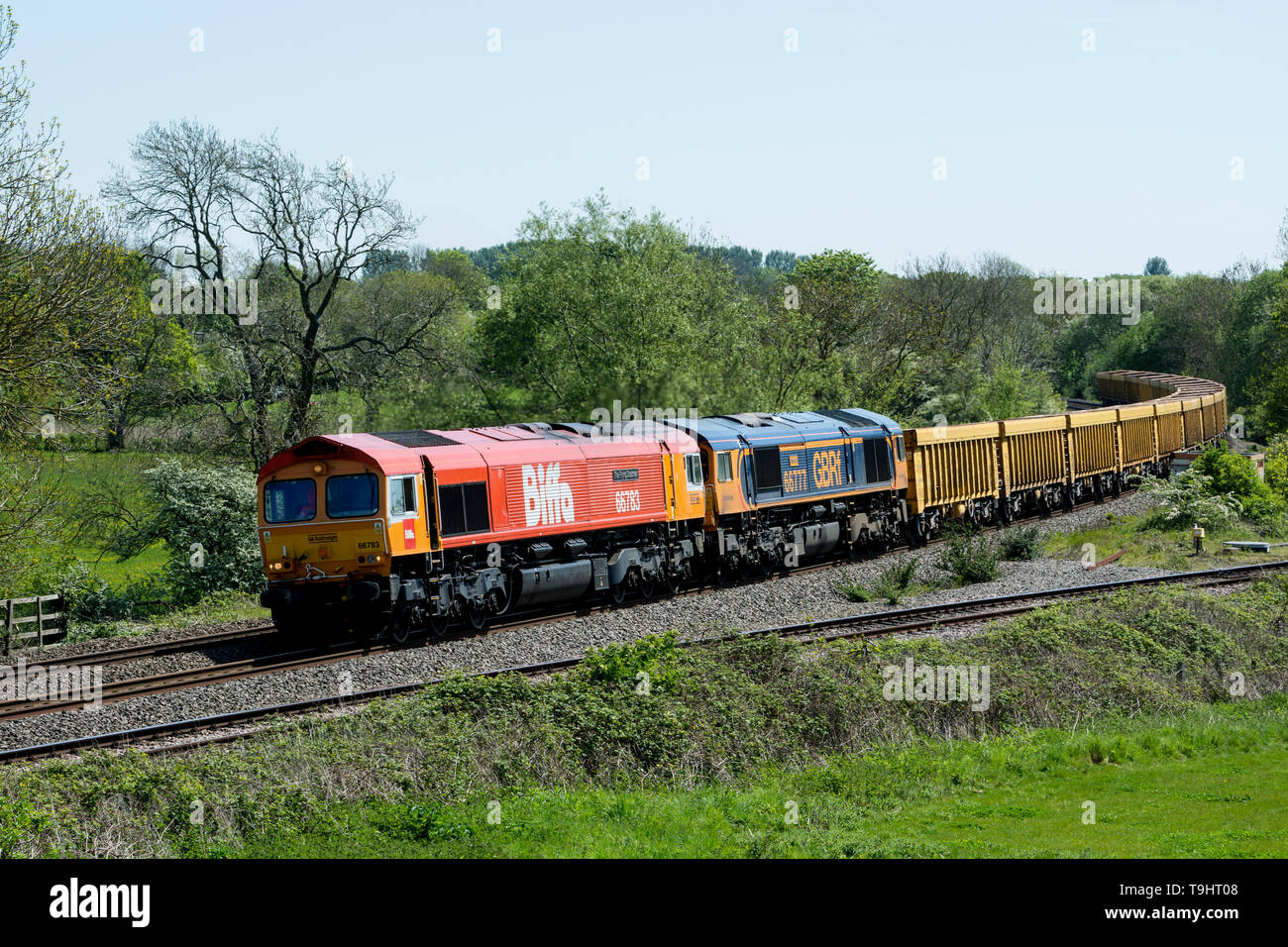 Two GBRf class 66 diesel locomotives pulling a freight train, Warwickshire, UK Stock Photo
