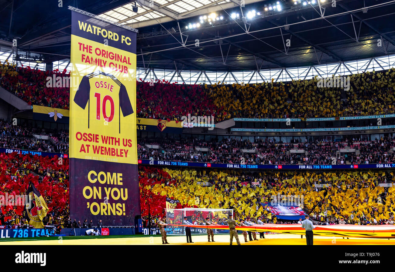 London, UK. 18th May, 2019. Watford fans during the FA CUP FINAL match between Manchester City and Watford at Wembley Stadium, London, England on 18 May 2019. Photo by Andy Rowland. Credit: PRiME Media Images/Alamy Live News Stock Photo