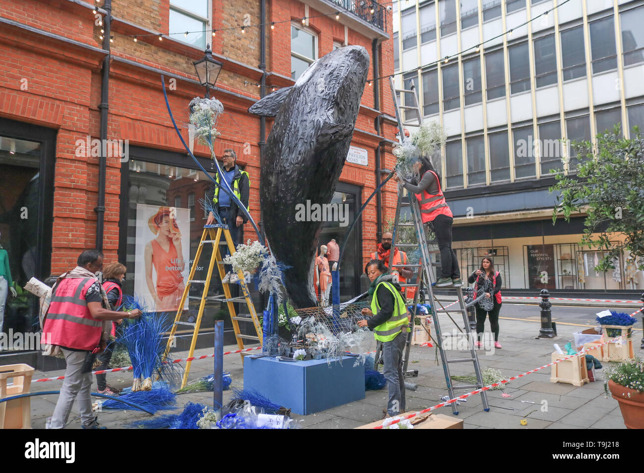 London, UK. 19th May, 2019. Retailers in fashionable Chelsea  decorate  their store fronts with creative floral designs and displays to compete for the prestigious annual floral art show awards at the Chelsea in Bloom competition in association with the Royal Horticultural Society (RHS). This year's theme is Under The Sea Credit: amer ghazzal/Alamy Live News Stock Photo