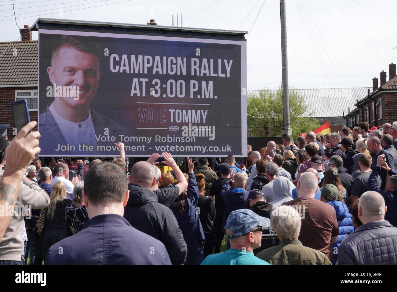 Liverpool UK. 19th May 2019. Tommy Robinson campaigning in Bootle ahead of this weeks European Elections. Credit: ken biggs/Alamy Live News Stock Photo