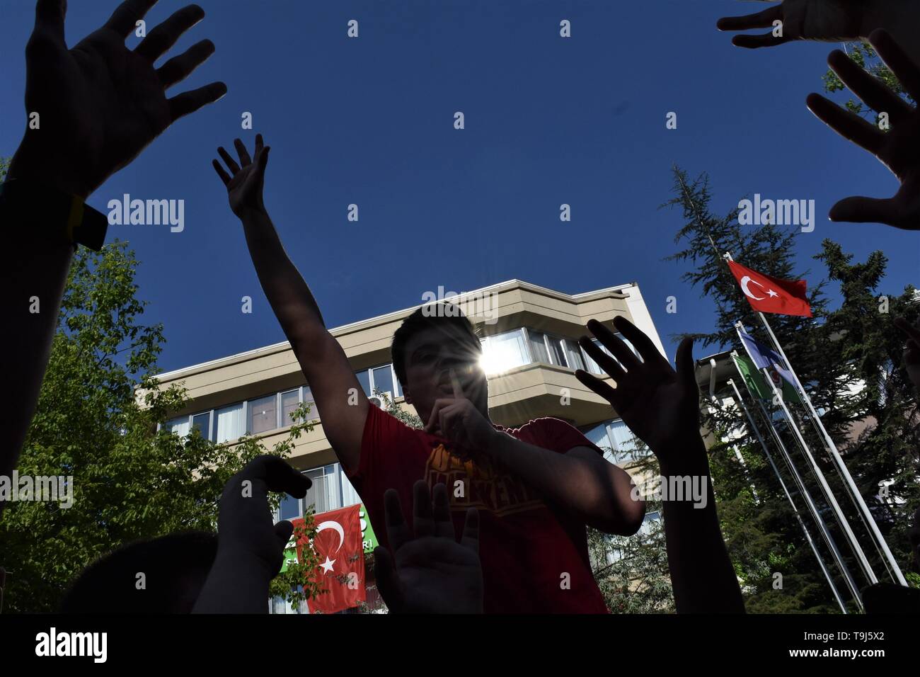 Ankara, Turkey. 19th May, 2019. A fan of Galatasaray SK cheers ahead of the Spor Toto Super League match between Galatasaray SK and Istanbul Basaksehir FK as the winner of the game will win the league title for the 2018-2019 season. Credit: Altan Gocher/ZUMA Wire/Alamy Live News Stock Photo