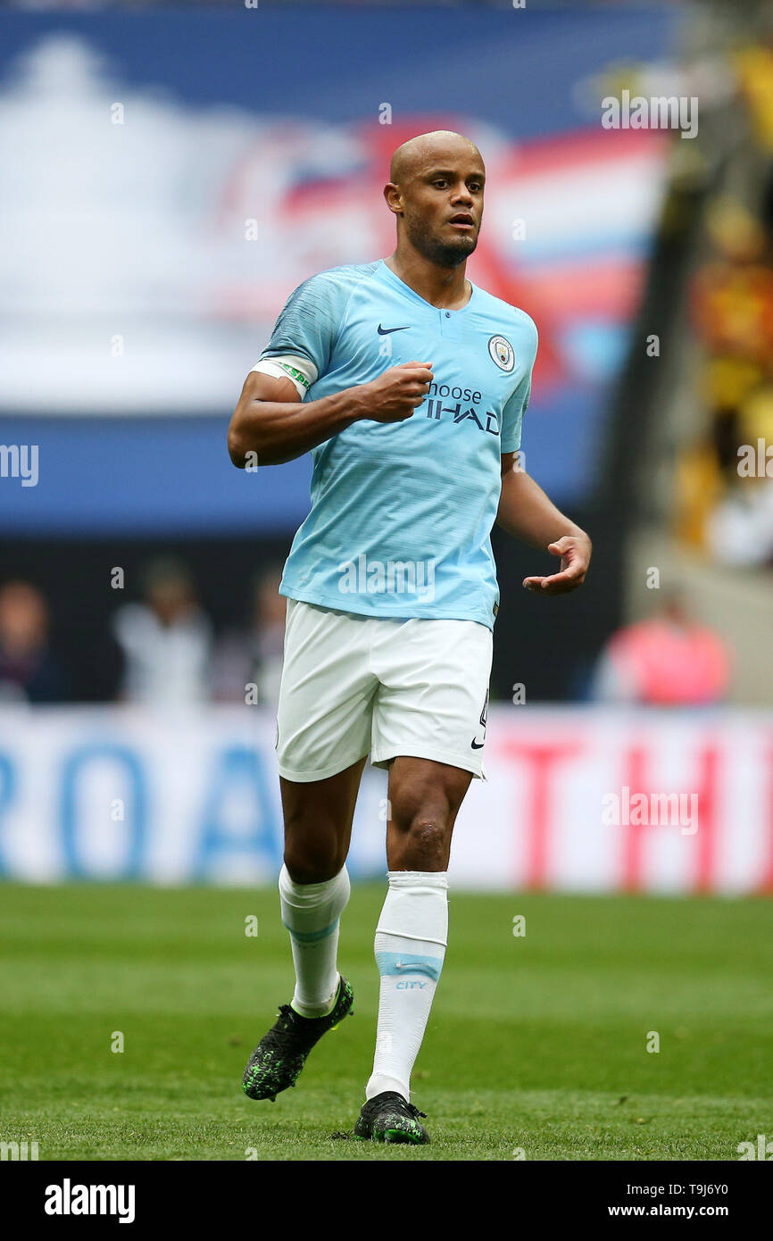 London, UK. 18th May, 2019. Vincent Kompany, the captain of Manchester city looks on. The Emirates FA Cup final, Manchester City v Watford at Wembley Stadium in London on Saturday 18th May 2019. this image may only be used for Editorial purposes. Editorial use only, license required for commercial use. No use in betting, games or a single club/league/player publications . pic by Andrew Orchard/Andrew Orchard sports photography/Alamy Live news Credit: Andrew Orchard sports photography/Alamy Live News Stock Photo