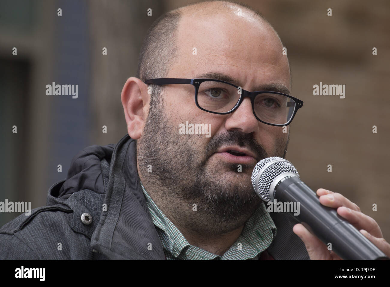 Madrid, Spain. 19th May, 2019. Pablo Carmona, number 3 in the lists of Madrid in Standing, seen saying, '' we must think of a vote that stops the right next to a political program of shock against the measures of the right.'' during the party conference.The political coalition Madrid en Pie holds a Party conference with the participation of Carlos SÃ¡nchez Mato, candidate for mayor of the city of Madrid, Rommy Arce, number 2 on the lists of Madrid en Pie, and Pablo Carmona, number 3 on the Madrid lists standing. The still councilors in the City council of Madrid of Ahora Madrid will concur th Stock Photo