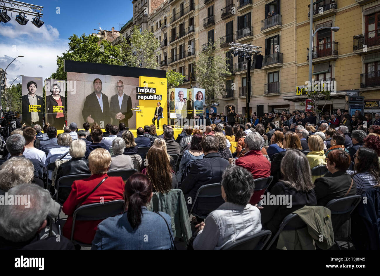 Barcelona, Catalonia, Spain. 19th May, 2019. Oriol Junqueras (L) president of ERC and candidate for European elections and RaÃ¼l Romeva (R) current senator and candidate for municipal, are seen during a video-conference from the Soto del Real prison in Madrid at the election campaign.Esquerra Republicana de Catalunya (ERC) has held its central act of campaign for the municipal elections and the European Parliament. Stock Photo