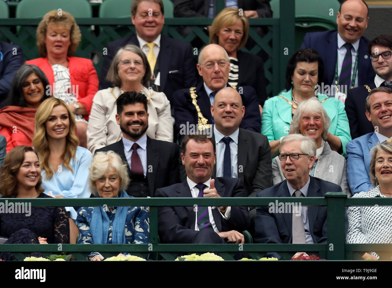 London, UK. 19th May 2019. Wimbledon Tennis Players Day; Wimbledon Chairman Philip Brook gives Paloma Faith the thumbs up to stay in the royal box during Wimbledon 2019 Credit: Action Plus Sports Images/Alamy Live News Stock Photo