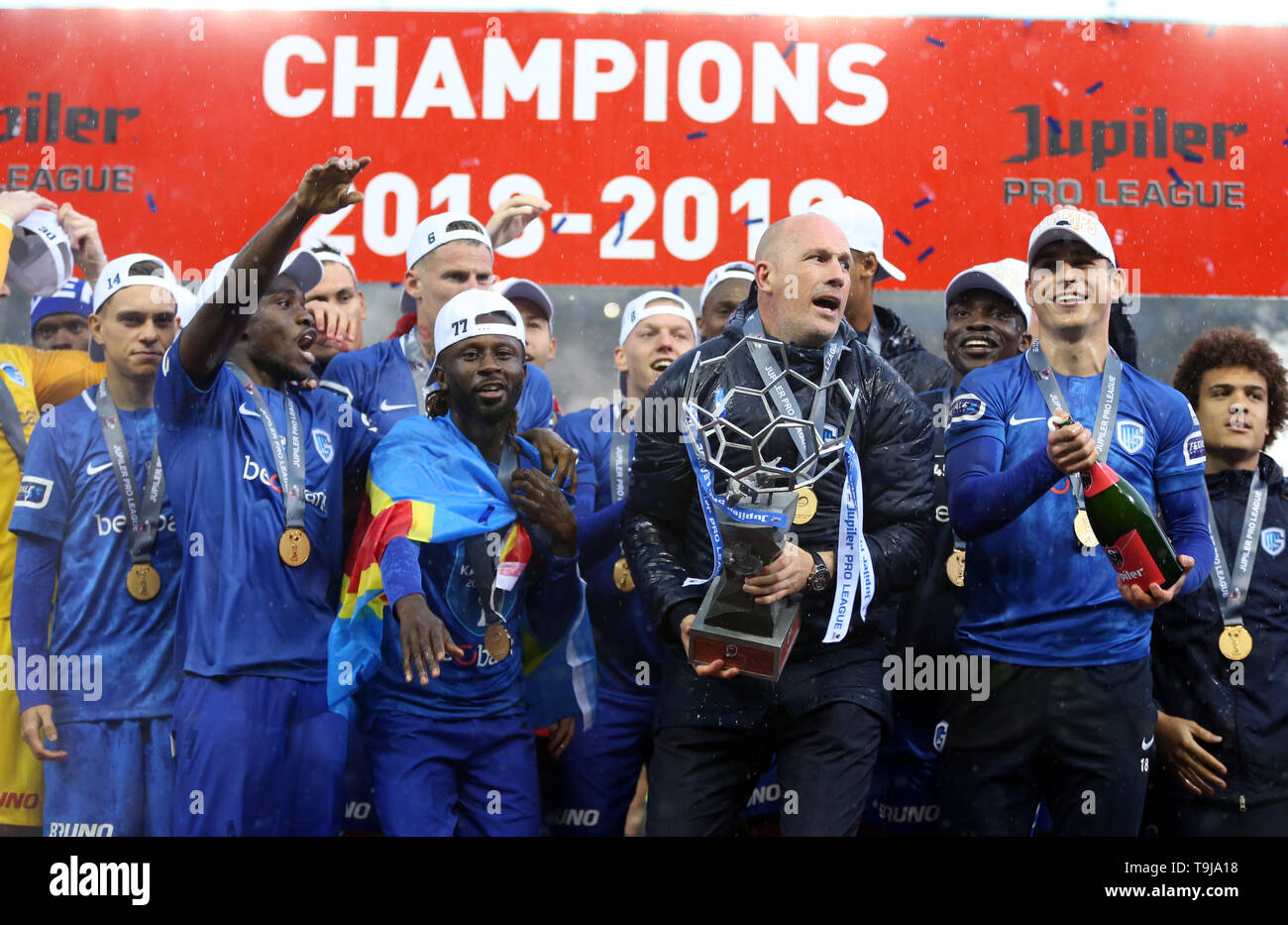 Genk, Belgium. 19th May, 2019. GENK, BELGIUM - MAY 19: Philippe Clement,  head coach of Genk, celebrates the title of champion of Belgium after the Jupiler  Pro League play-off 1 match (day