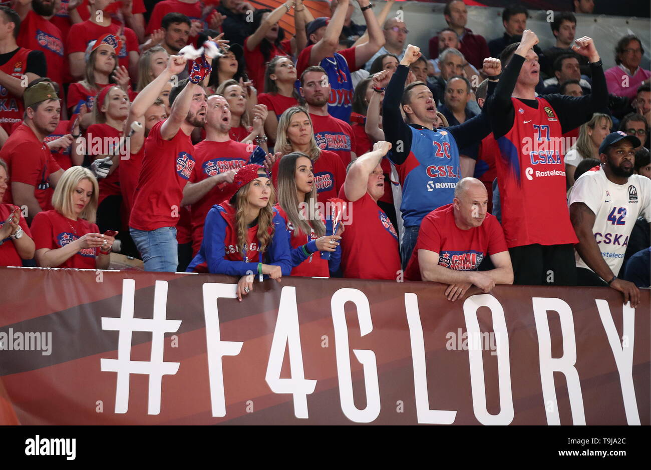 Vitoria Gasteiz, Spain. 19th May, 2019. VITORIA-GASTEIZ, SPAIN - MAY 19,  2019: BC CSKA Moscow's supporters cheer in their 2019 Basketball Euroleague  Final Four championship game against BC Anadolu Efes Istanbul, at