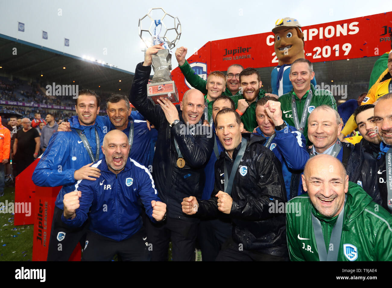 GENK, BELGIUM - MAY 19: Genk's staff members celebrate the title of champion  of Belgium after the