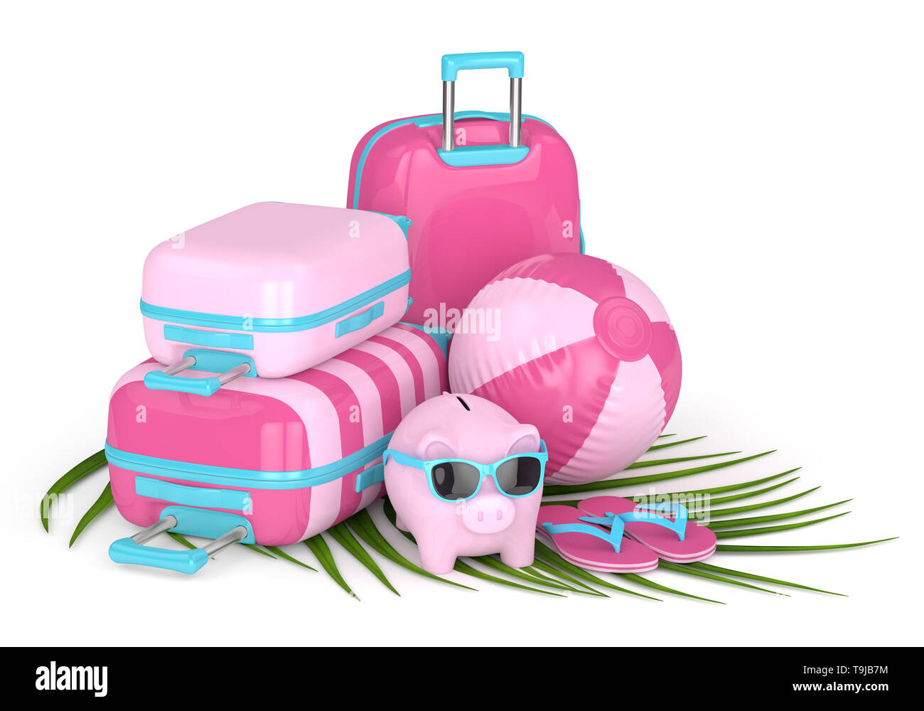 3d render of piggy bank with suitcases and beach ball over white ...